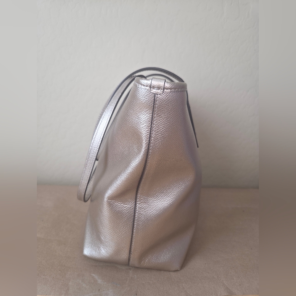 COACH Metallic Pebbled Leather Zip Top Tote Bag - Gold/Platinum - Picture 3 of 11